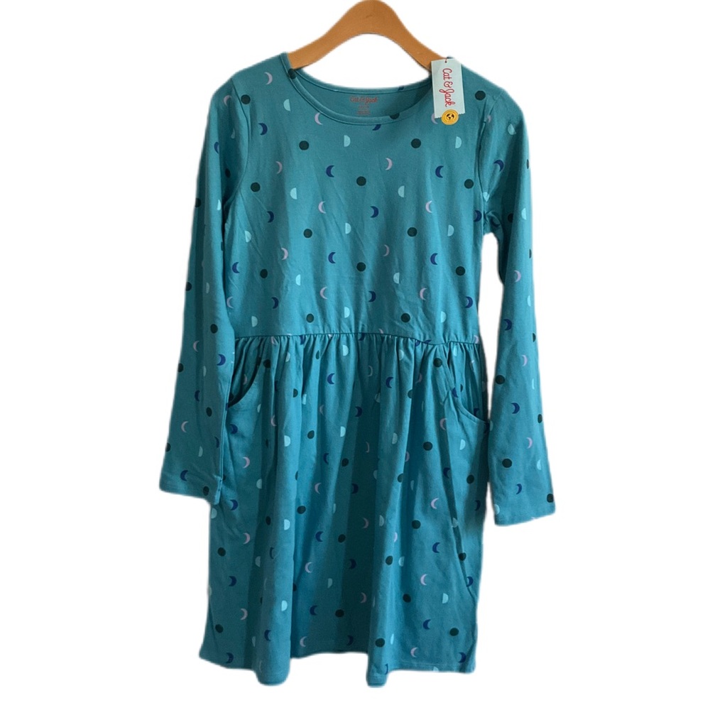 Cat & Jack Long-Sleeve Moon & Crescent Print Blue Dress, women's S (girl…